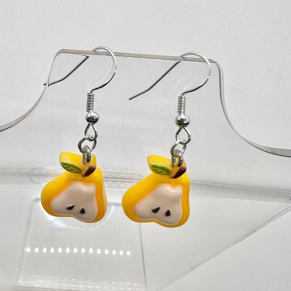 Chunky Pear Slice Fruit Earrings - Yellow and White - Picture 6 of 10